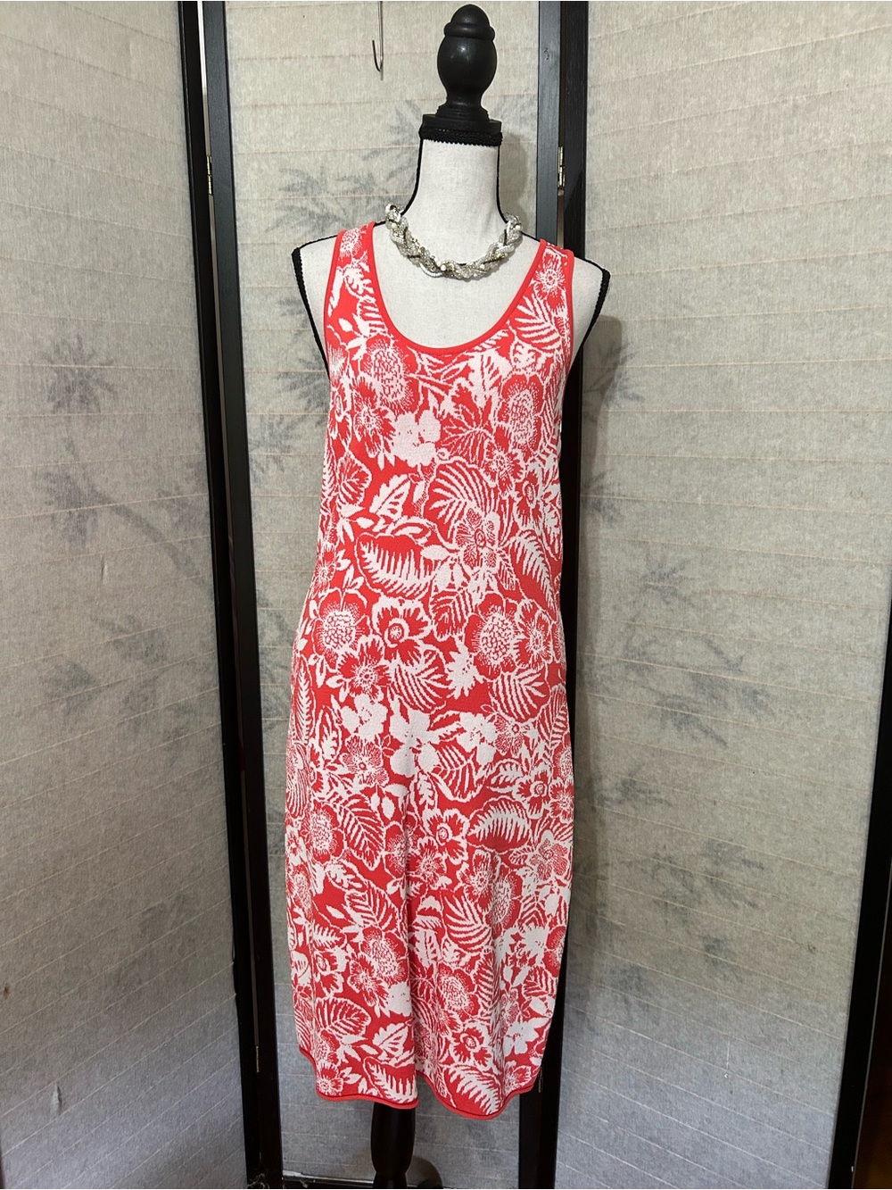 Tommy Bahama Coral & White Floral Midi Knit Dress Knit Coral Sweater Medium